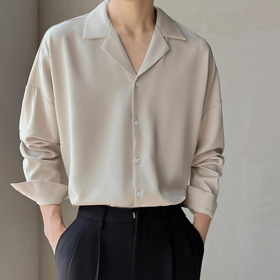 Handshe Hot - Selling Men's Summer Ice Silk Long - Sleeved Shirt | Light Mature Style Solid Color Cuban Collar Casual Top