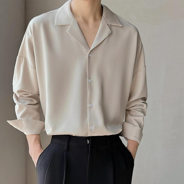 pstuiky camisetas de manga larga para hombre, Camisa informal de verano para hombre, de seda helada, estilo maduro, color liso, cuello cubano, manga larga Tops de hombre xxl