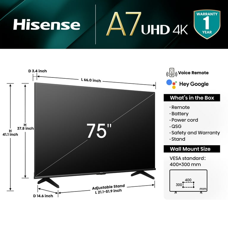 Hisense 75-Inch Class A7 Series Dolby Vision HDR 4K UHD Google 