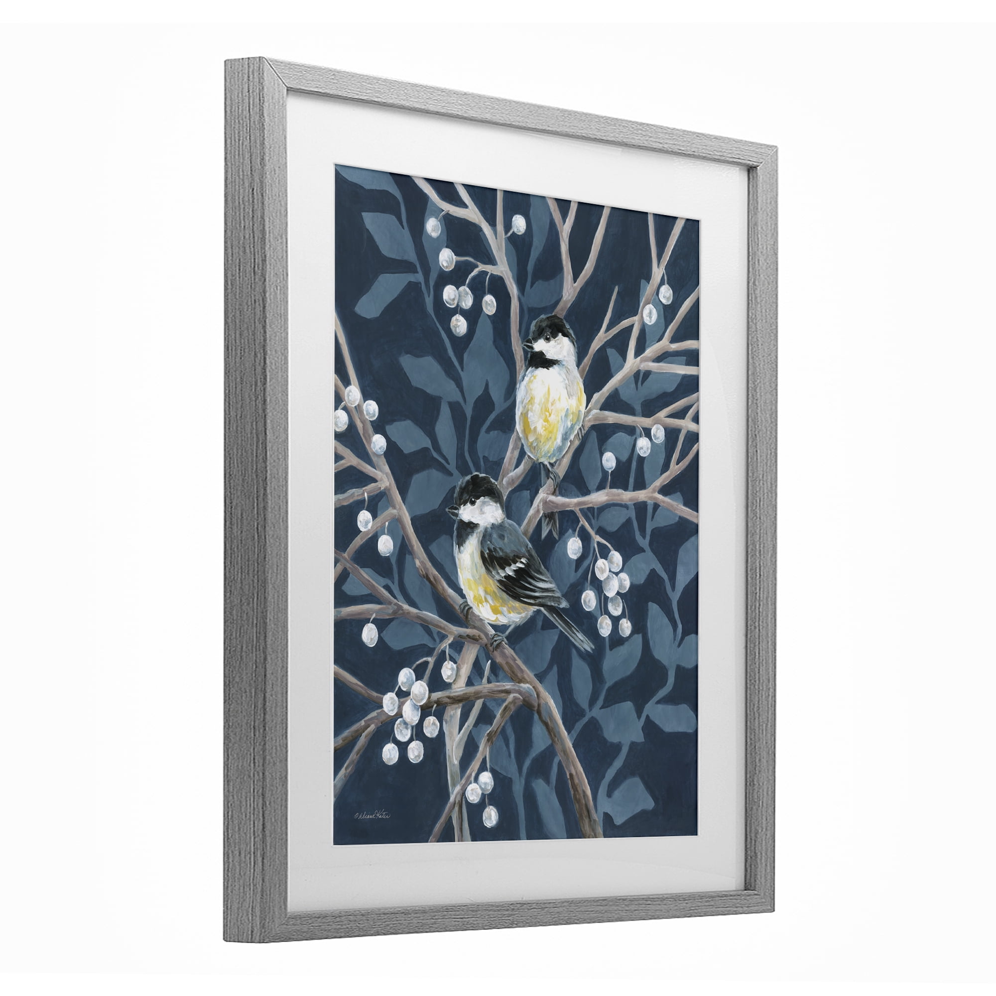 Stupell Industries Chickadees on Winter Berries Gray Framed Print Under Glass, design by Diane Kater