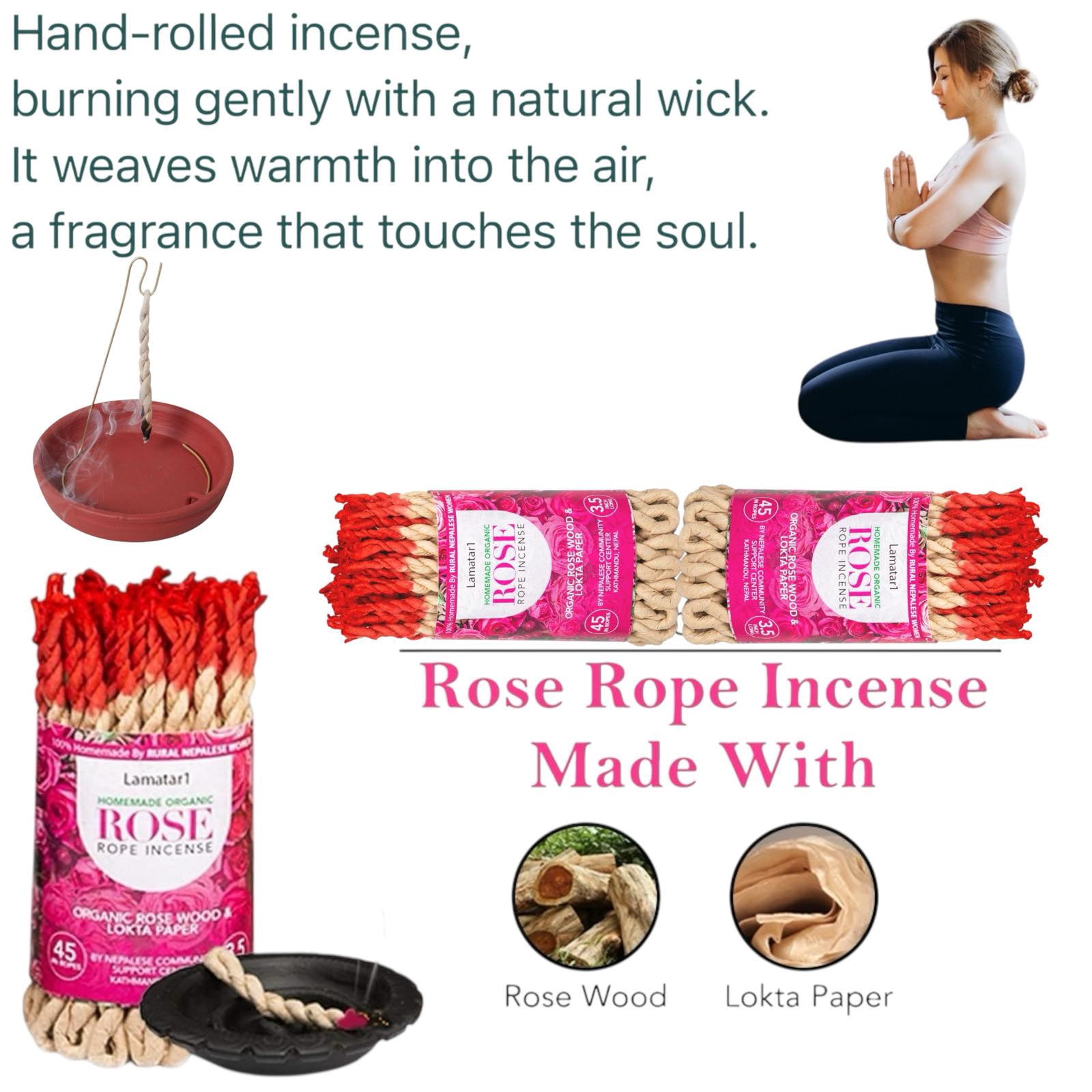 Rose Rope Incense – Set of 6 Bundles, 45 Ropes per Bundle, 3.5 Inches Long Natural Herbs, Rose Oil & Lokta Paper Incense – Natural Aromatherapy & Meditation Fragrance from Nepal