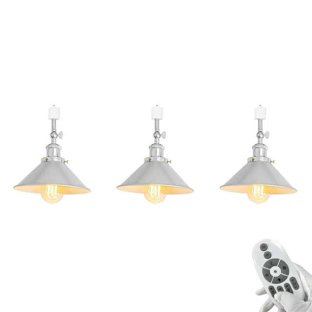 FSLiving Adjustable Angle J-Type Track Pendangt Light with E26 Silver Base&Silver Metal Cone Shade,Remote Control Dimmable Color Changing Timing Lamp for Home Kitchen Farmhouse,Customizable - 3 Lights