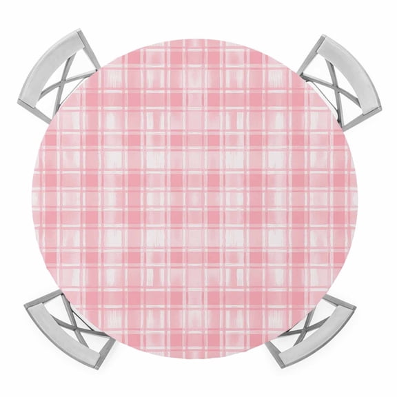 Elastic Fitted Round Tablecloth, Pink Plaid Waterproof Stretch Table Cover for 36"-44" Tables, Modern Art Checkered Farmhouse Washable Outdoor Tablecloths for Patio, Picnic, Camping