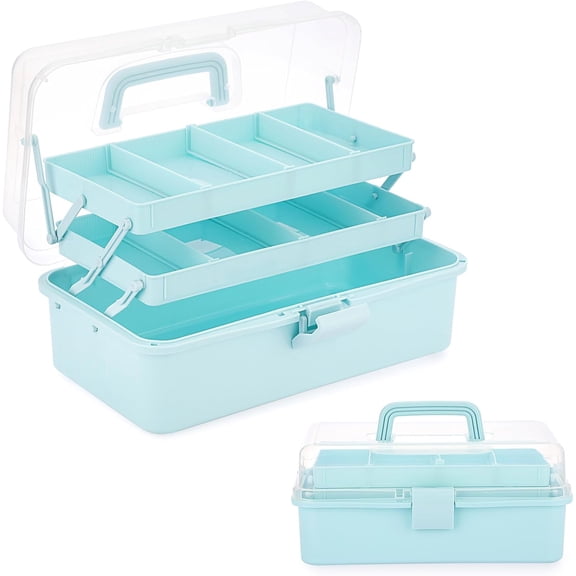 Qiucioku 3-Tier Plastic Storage Bin with Lid, Large Blue Art Supply Organizer, 32.5x18x14cm Versatile Container for Makeup and Medicine