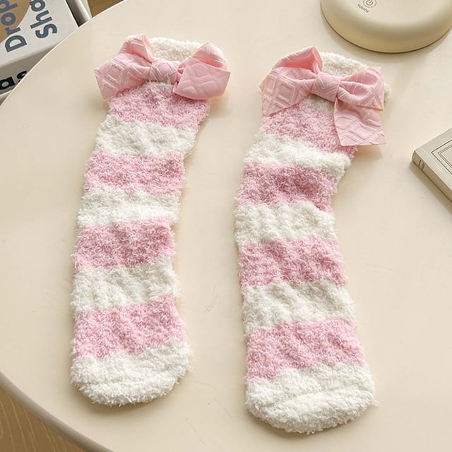 Womens Fuzzy Socks Cozy Winter Warm Soft Cute Bowknot Fuzzy Home Slipper Socks