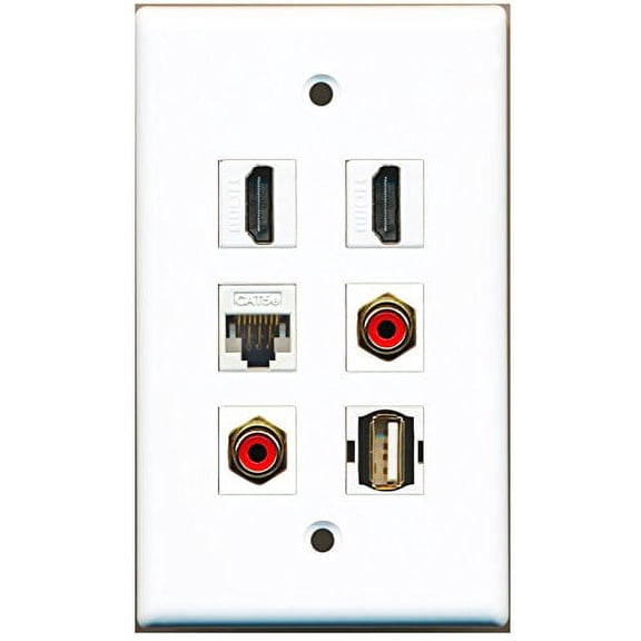 RiteAV - 2 HDMI 2 Port RCA Red 1 Port USB A-A 1 Port Cat5e Ethernet White Wall Plate
