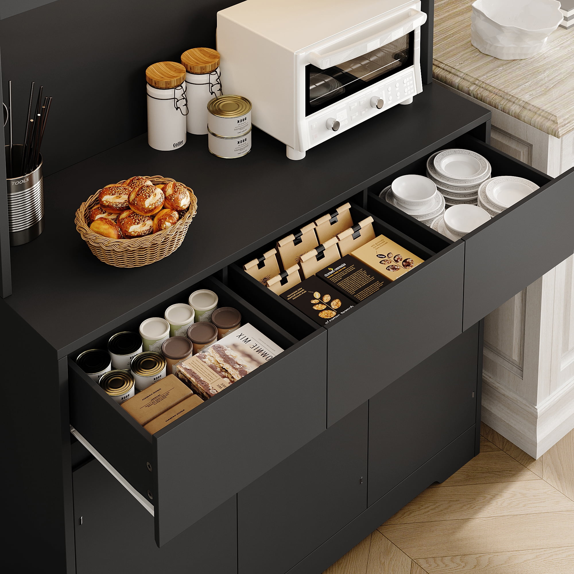 Homfa 70.9'' Tall Kitchen Pantry Cabinet with Charge Station & Led Light, 3 Drawer Storage Cabinet with Adjustable Shelves, Black
