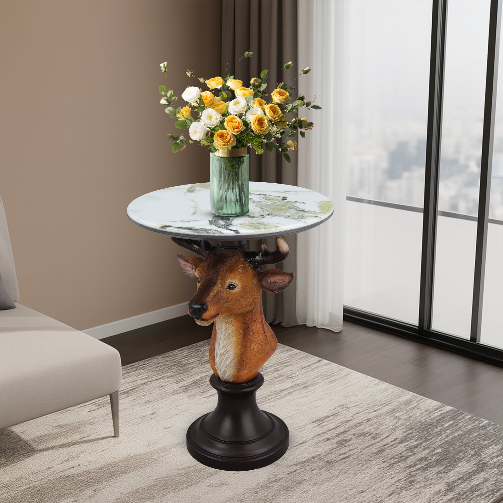 Deer Head Accent Table, Animal Statue End Table with Faux Marble Top, Resin Sculpture Side Table for Living Room, Cabin, Lodge, Rustic Decor, Brown