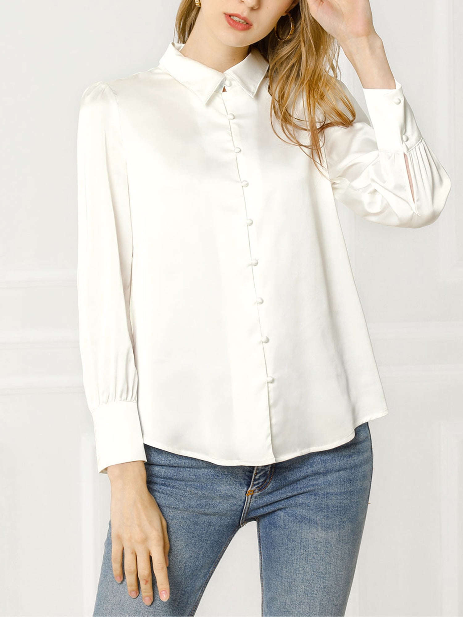 DARING DIVA Women's Satin Blouse Puff Long Sleeve Collared Button Down Shirt S White