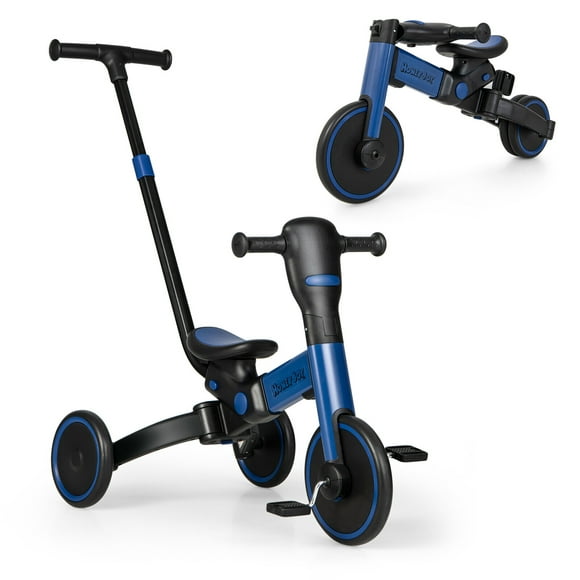 Gymax Vélo d'Équilibre Enfant 4-en-1 Tricycle Pliable avec Poignée Poussoir Parent Bleu