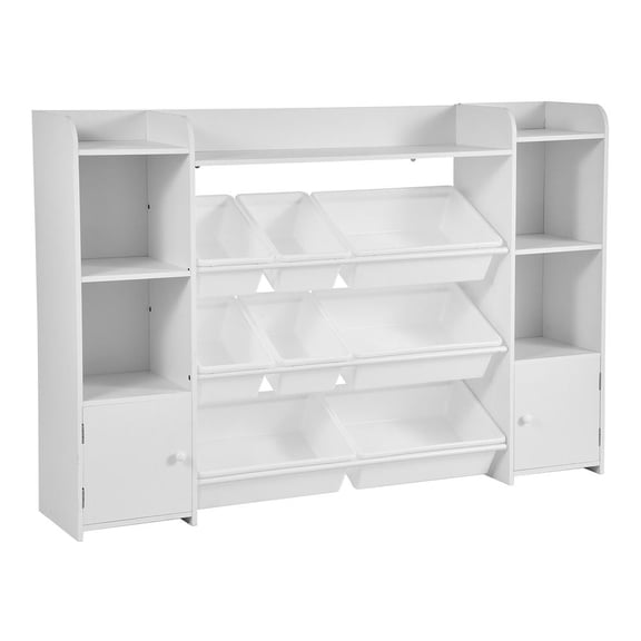 Kids Toy Storage and Bookshelf, 4-Tier Large Toy Storage Organizer with 8 Flexible Plastic Bins, Kids Cubby Cabinet with Bookshelf for Study Room, Bedroom, Playroom, Classroom, Nursery, White
