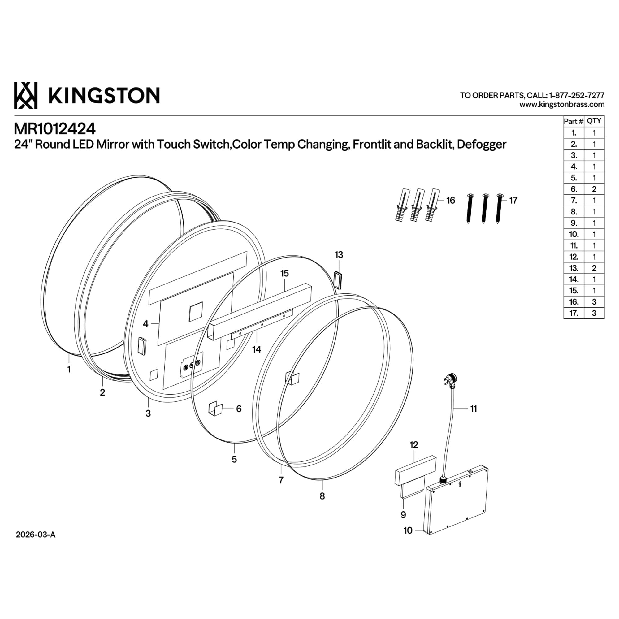 Kingston Brass MR1012424 Aurora 24-Inch Round LED Bathroom Mirror, Front and Back Light, Dimmable Touch Sensor Lighted Mirror in Silver/Gunmetal
