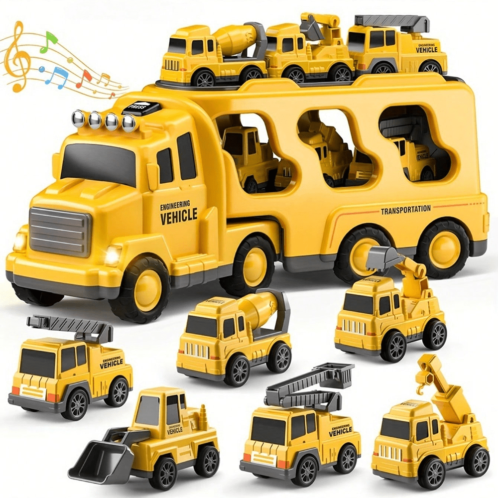 Kids Toddler Construction Car Toys Toys, Baby Track Toys Sound and Light Big Truck 6 Small Construction truck Toys Friction Powered Cars Trucks Crane Mixer Excavator for 3 4 5 6 7 8Years Old