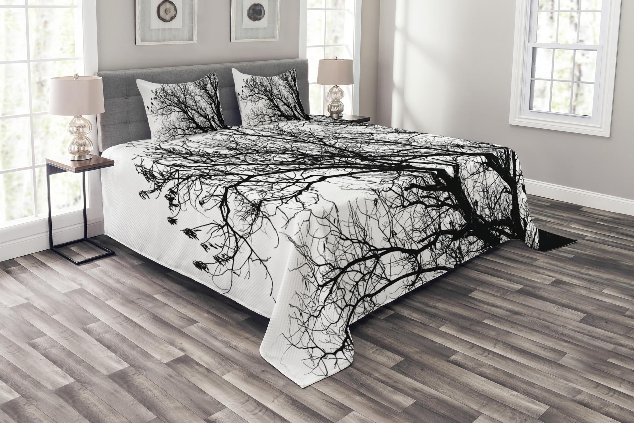 Nature Bedspread Set Queen Size, Leafless Autumn Fall Tree Branches