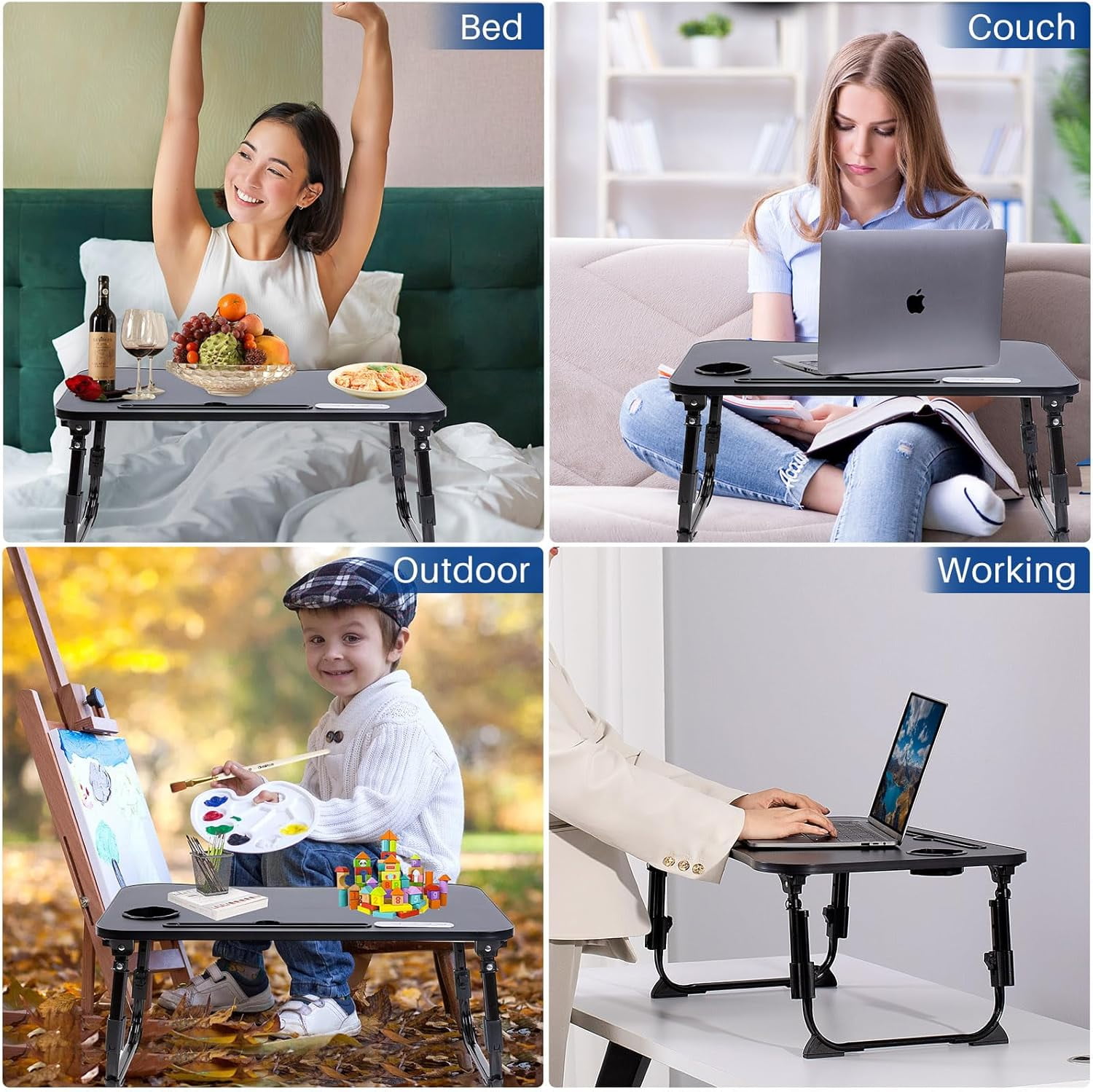 Laptop Desk for Bed, Height Adjustable Laptop Bed Table, Foldable Portable Lap Desk Stand with USB/Storage Drawer/Cup Holder/Slot, Breakfast Tray for Working Reading Writing Eating, White