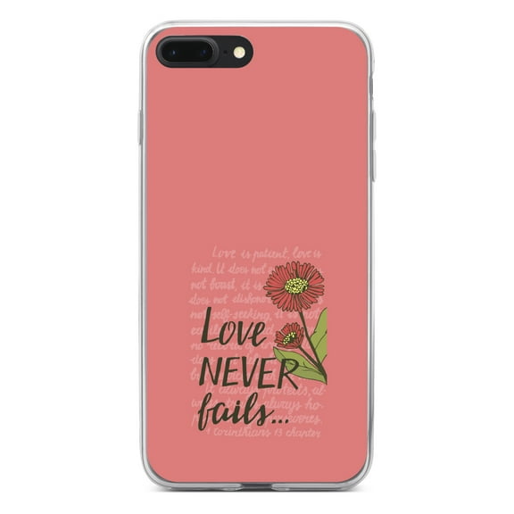DistinctInk Clear Shockproof Hybrid Case for iPhone 7 PLUS / 8 PLUS (5.5" Screen) - TPU Bumper, Acrylic Back, Tempered Glass Screen Protector - 1 Corinthians 13 - Love Never Fails - Flower