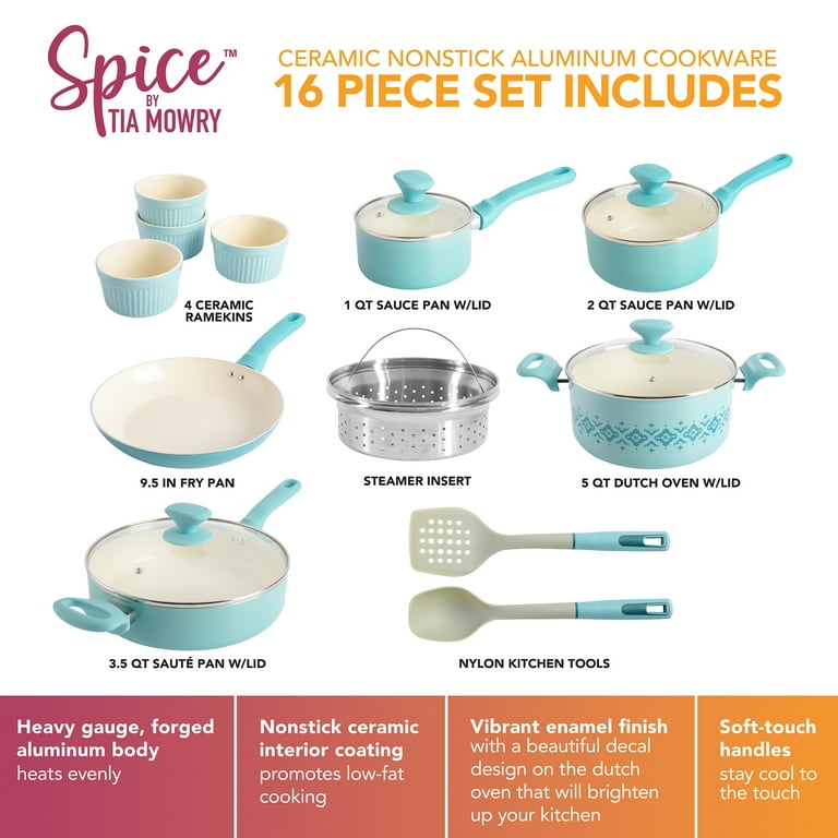 Spice by Tia Mowry Savory Saffron 16-Piece Healthy Nonstick Ceramic Cookware  Set - Grey 