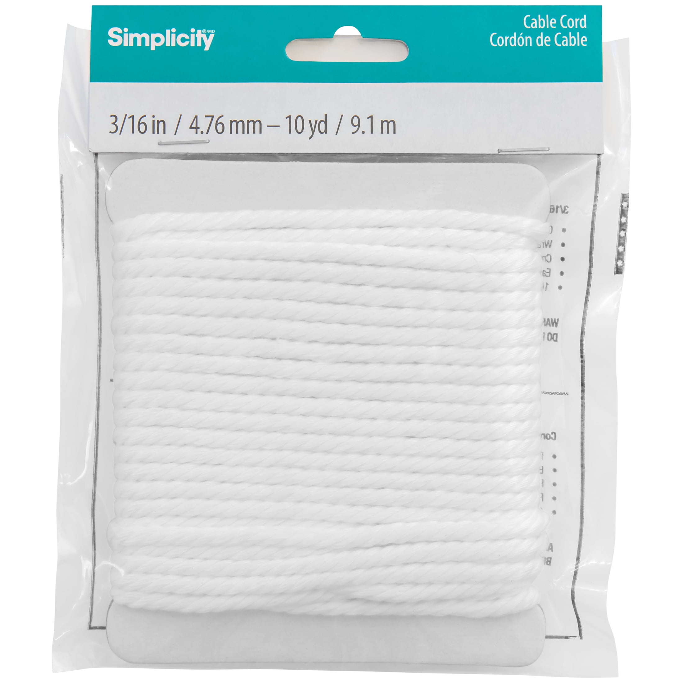 Simplicity White 3/16 Inch Cable Cording Trim, 10 Yards