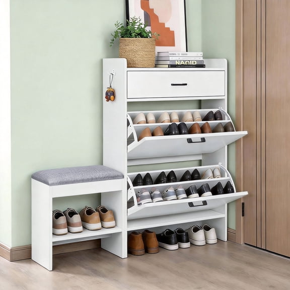 Ktaxon Shoe Cabinets, Pull-out Drawers and 3-Tier Open Shoe Rack, for Entryways, White