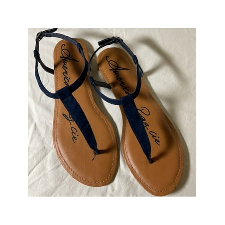 Image of AMERICAN RAG Womens Navy Padded Ankle Strap Adjustable Strap Krista Round Toe Buckle Thong Sandals 7.5 M