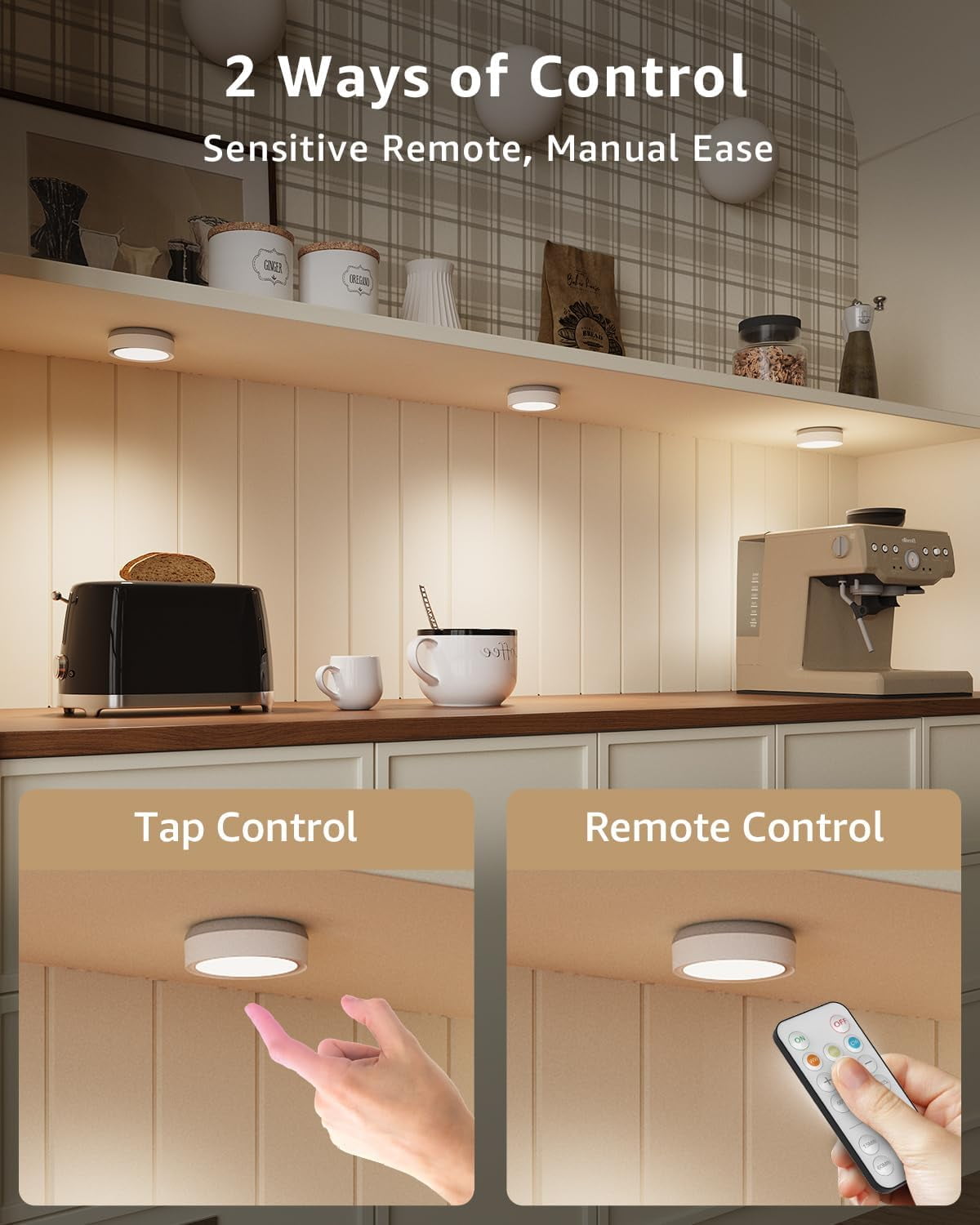 SONGAUN Rechargeable Puck Lights with Remote Control, 1600mAh Spot Lights Battery Push Light Stick On for Under Cupboard Wireless USB Charge LED Kitchen Cabinet Lighting Magnetic Touch Light