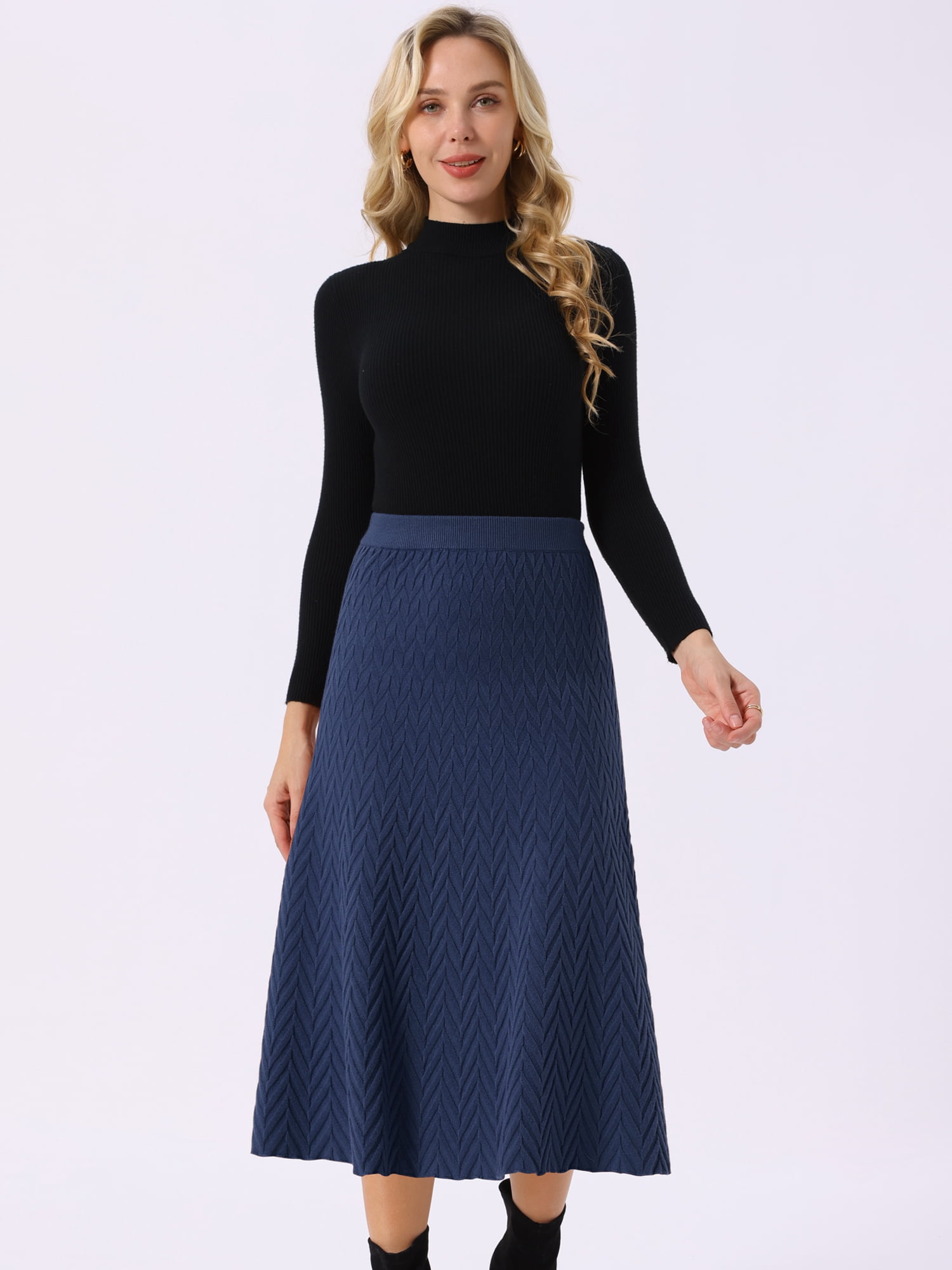 DARING DIVA Women's A-Line Skirts Stretchy Sweater Midi Skirt L Navy Blue