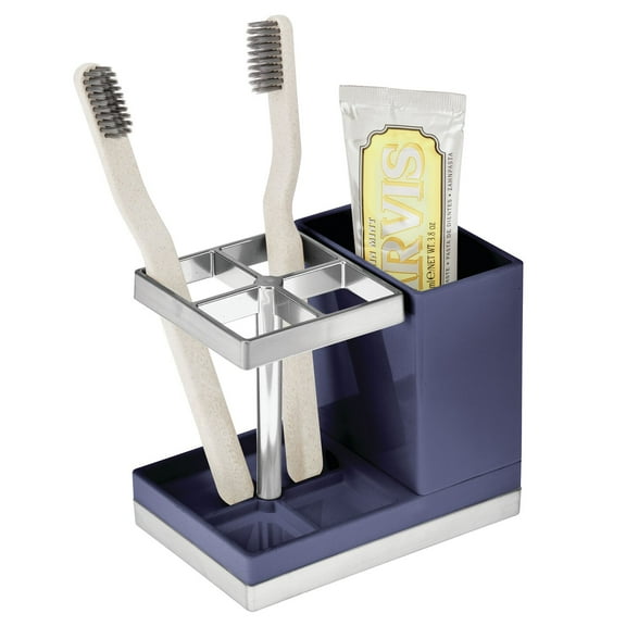 mDesign Plastic Toothbrush/Toothpaste Storage Organizer Holder, Navy Blue/Chrome