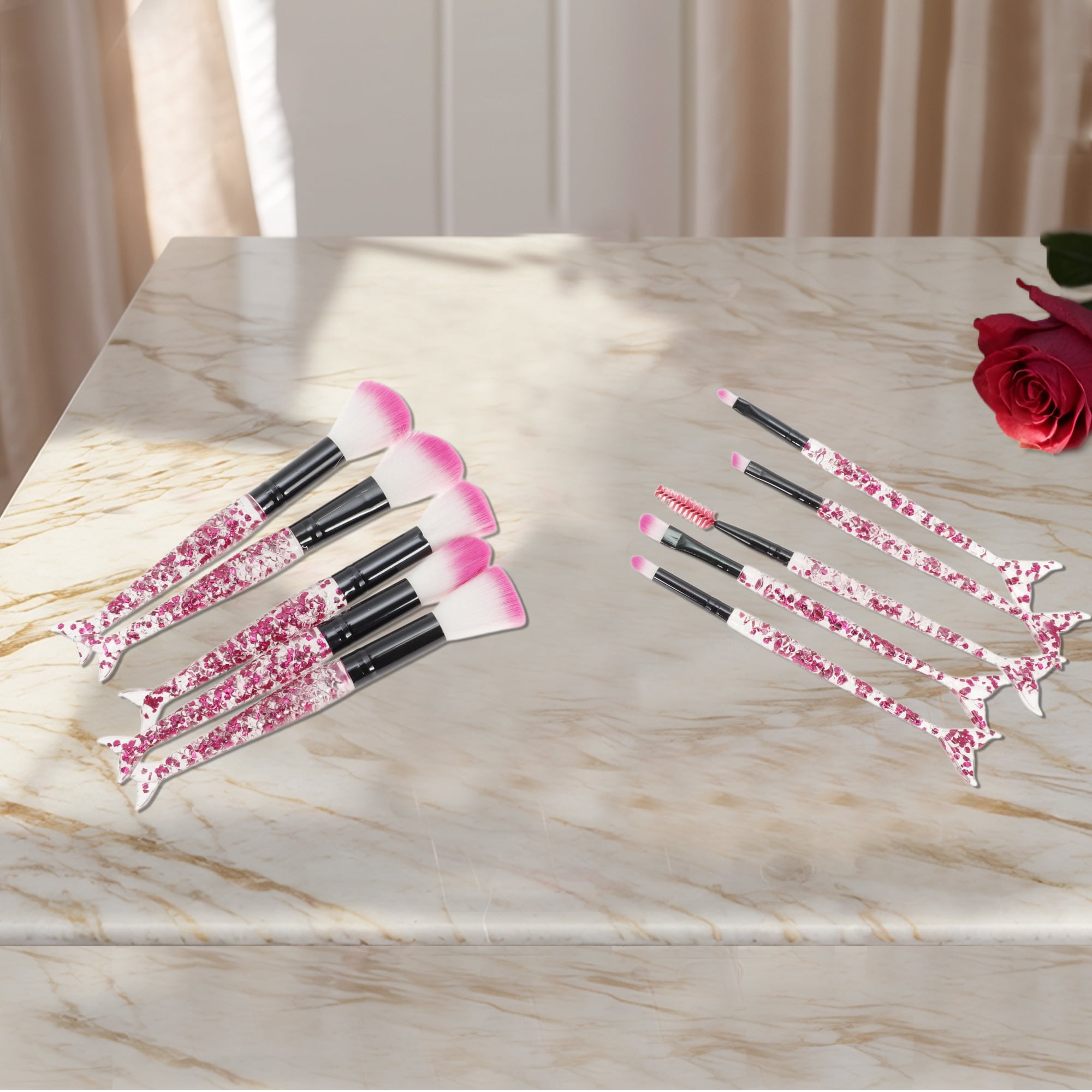Unique Bargains 10 Pcs Durable Mermaid Makeup Brush Set for Cosmetic Red