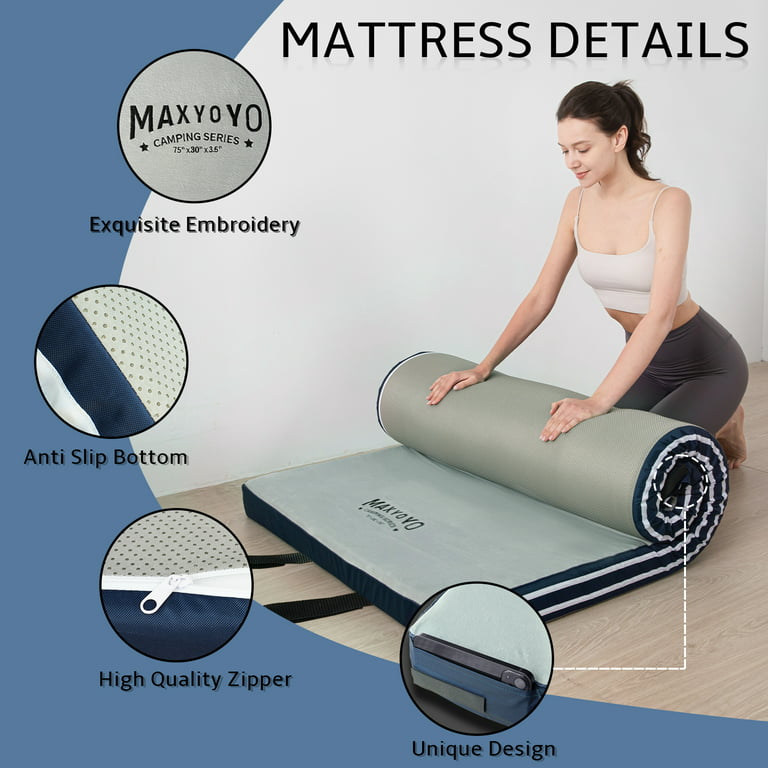 MAXYOYO Memory Foam Camping Mattress Pad, Portable Roll Up Sleep Mat for  Floor, Tent, Car, Removable Waterproof Cover, Travel Bag, Single Size  75x30x3.5 Inch 