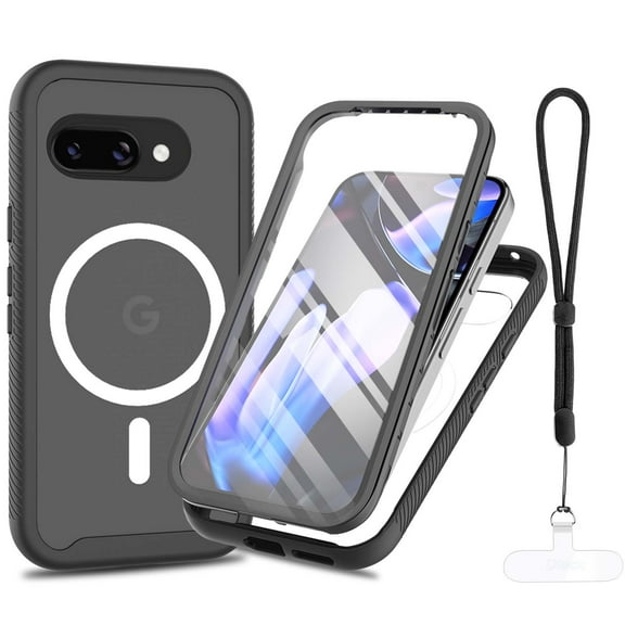 Dteck Case for Google Pixel 9A 5G 2025 with Built-in Screen Protector, Magnetic for Pixel 9A Case Compatible with MagSafe, Full Body Shockproof Rugged Clear Cover with Lanyard,Black