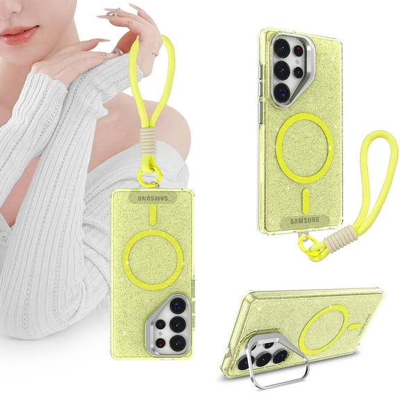 Designed for Samsung Galaxy S23 Plus Phone Case,Compatible with Mag-safe,With Contractile Lens Ring Kickstand,Wrist Strap,Bling Glitter Transparent Back Shockproof Ultra Slim Phone Case,Yellow