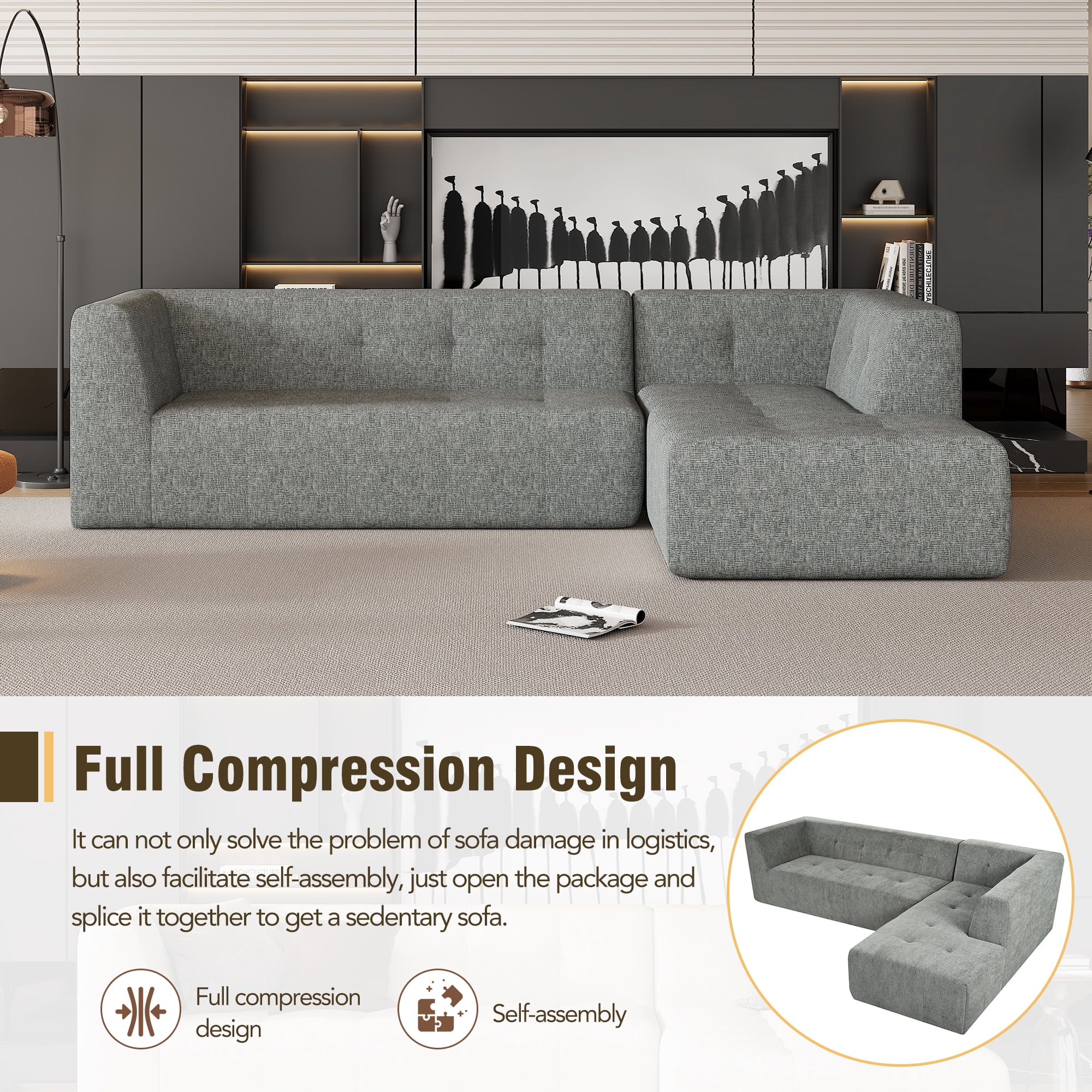 MOONMISS 112.2" Chenille L-Shaped Modern Minimalist Modular Free Combination Living Room Sofa-Light Gray