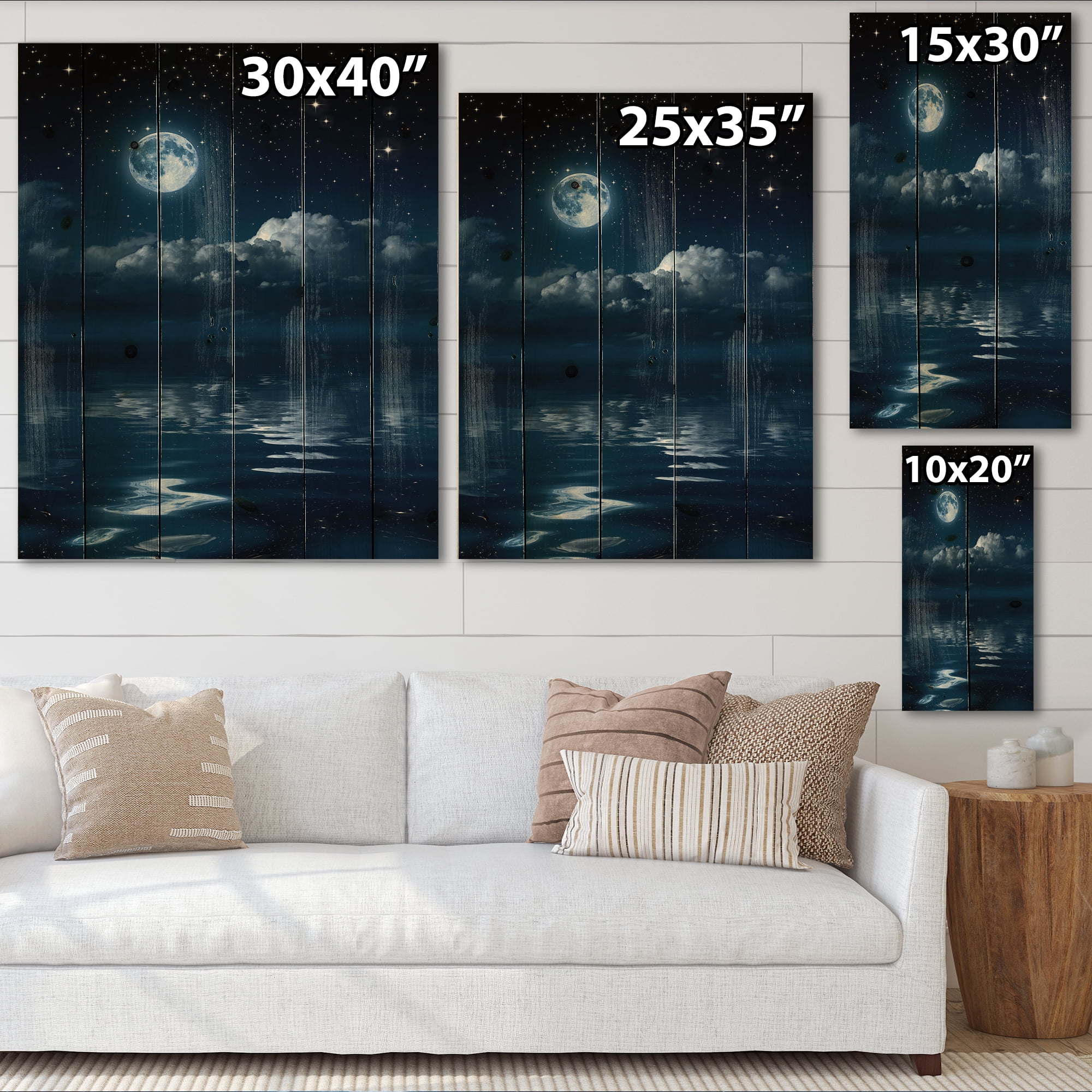 Designart 'Full Moon Night in Cloudy Sky I' Nautical & Coastal Print on Natural Pine Wood