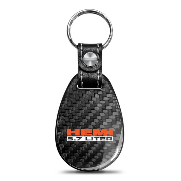 iPick Image for 5.7 Liter HEMI Real Black Carbon Fiber with Leather Strap Large Tear Drop Key Chain, Official Licensed