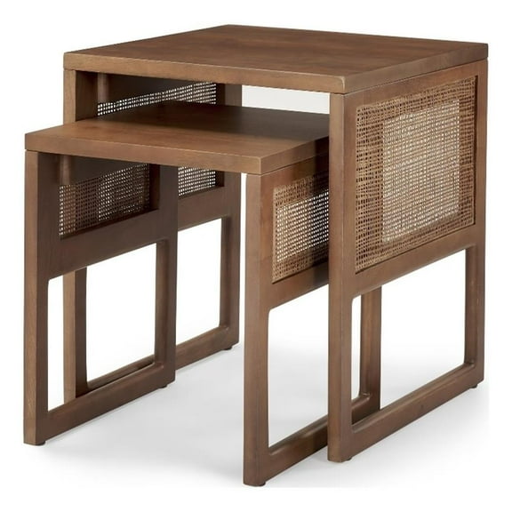 Grier Set of 2 Medium Brown Solid Wood w/ Cane Nesting Accent Tables