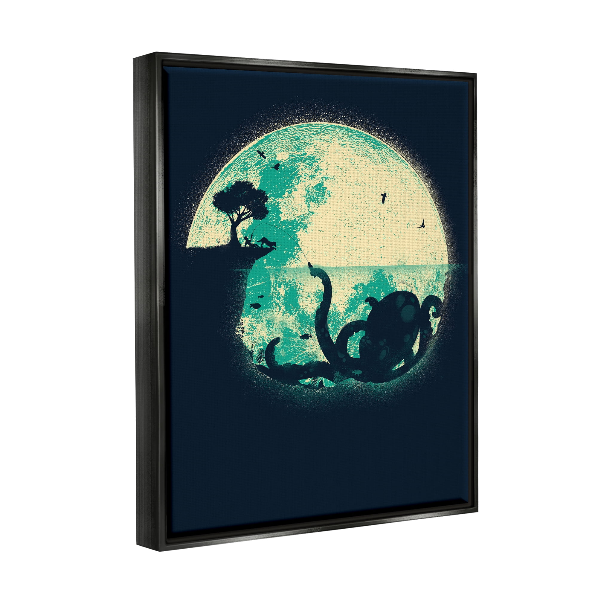 Stupell Industries Fishing Giant Octopus Animals & Insects Painting Black Floater Framed Canvas Art Print Wall Art, 17 x 21