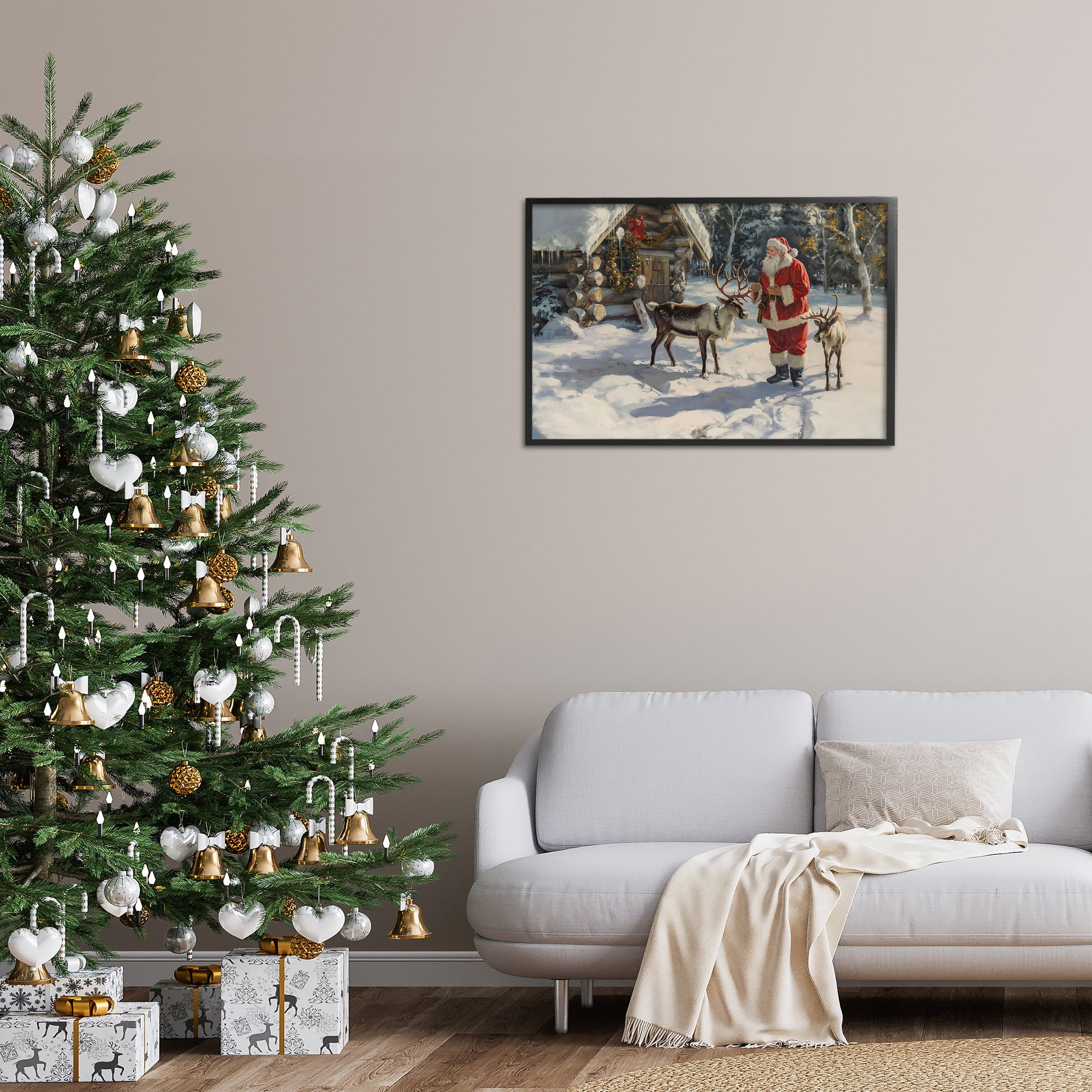 Stupell Industries Santa & Reindeer Scene Holiday Painting Black Framed Art Prints Wall Art, 30 x 20