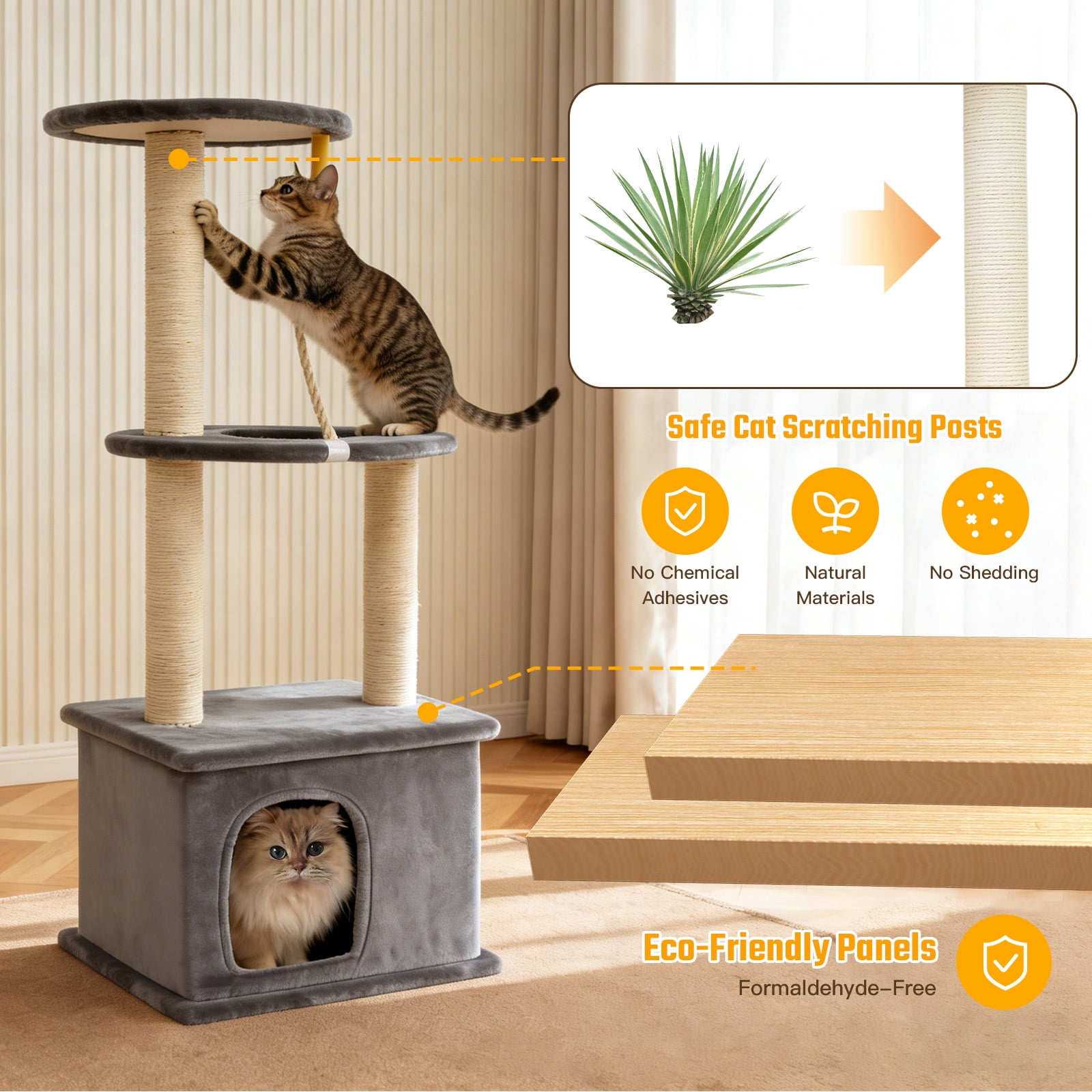 Cat Tree with Condo and Sisal Post, Multi-Level Cat Tower with Top Perchs, Cratching Post for Indoor Cats, Gray