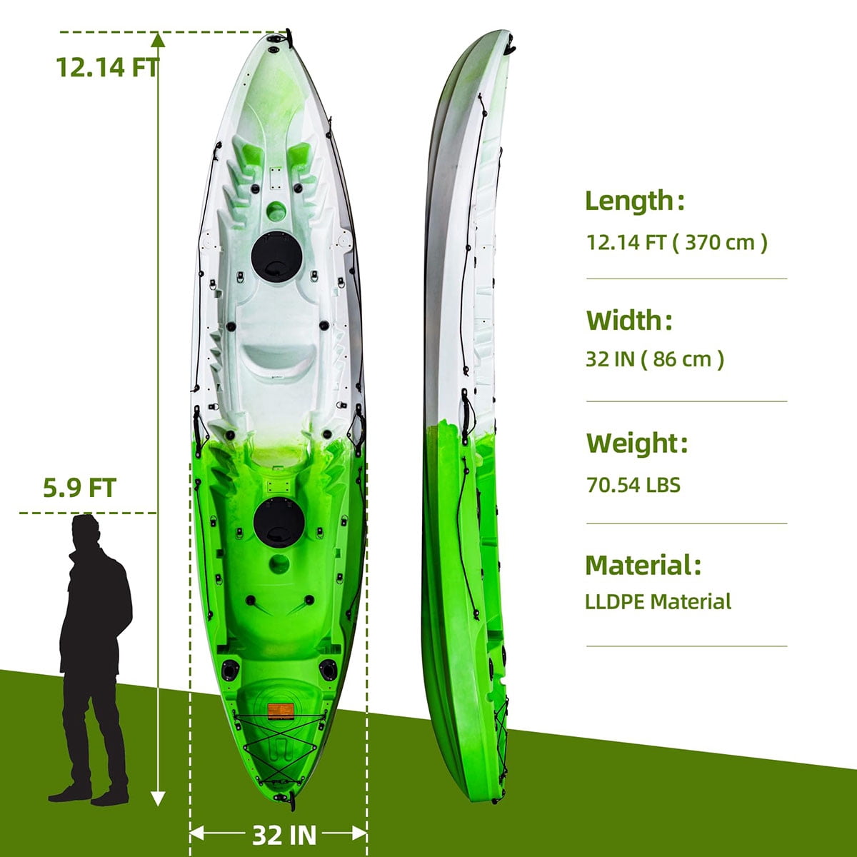 Danolapsi Fishing Kayaks, 12.4FT, 2-3 Person Sit on Top Kayak for Adults with Paddle & Comfortable Seat, Capacity of 600LBS, Hard Shell Recreational Ocean Kayak Boat