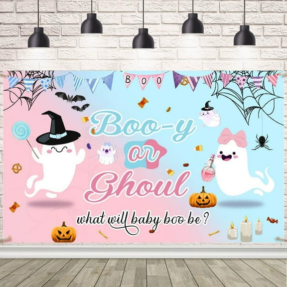 Halloween Gender Reveal Backdrop Booy or Ghoul Baby Shower Photography Background Blue and Pink Ghost Balloons He or She Gender Reveal Party Decorations Banner Supplies Photo Booth Props
