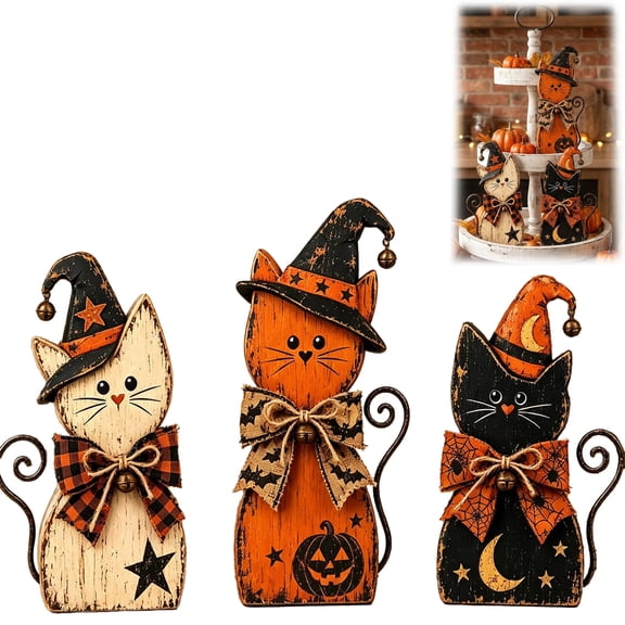 Vintage Wooden Cat Decor Set, Display on Mantels, Shelves, Entryway Tables, Coffee Bars, And Kitchen Counters