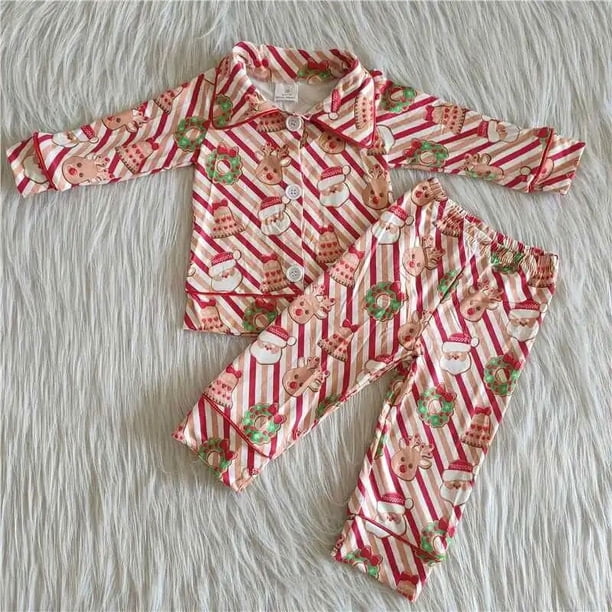 Conjunto de ropa de dormir para niños y niñas, ropa de dormir con bordado de pan de jengibre, pantalones de rayas rosas, pijamas para niños pequeños, venta al por mayor
