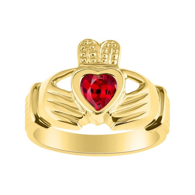 RYLOS Rings Gold Plated Silver Claddah Love, Loyalty & Friendship Heart 6MM Gem Irish Wedding Band Claddagh Rings July Ruby Jewelry Size 7
