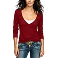 thumbnail image 4 of Warop Long Sleeve Shirts for Women Solid Color Patchwork Low V Neck Basics Crop Tops Casual Slim Fitted Fall Outfits Clothes, 4 of 5