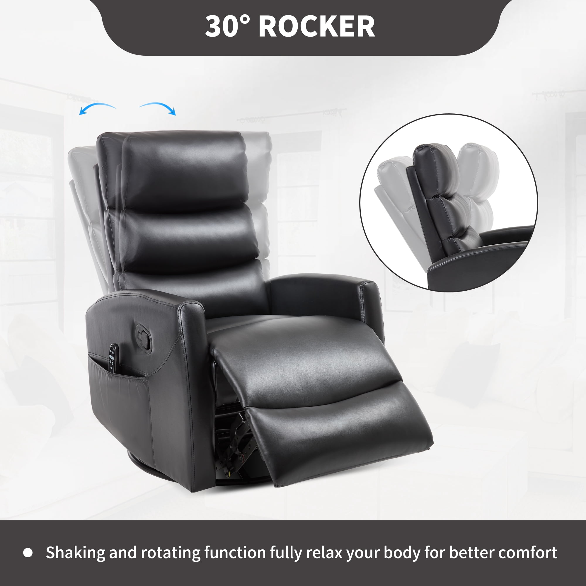 Aukfa 360° Swivel Recliner Rocking Chair with Massage and Heat for Living Room & Nursery, Leather, Black
