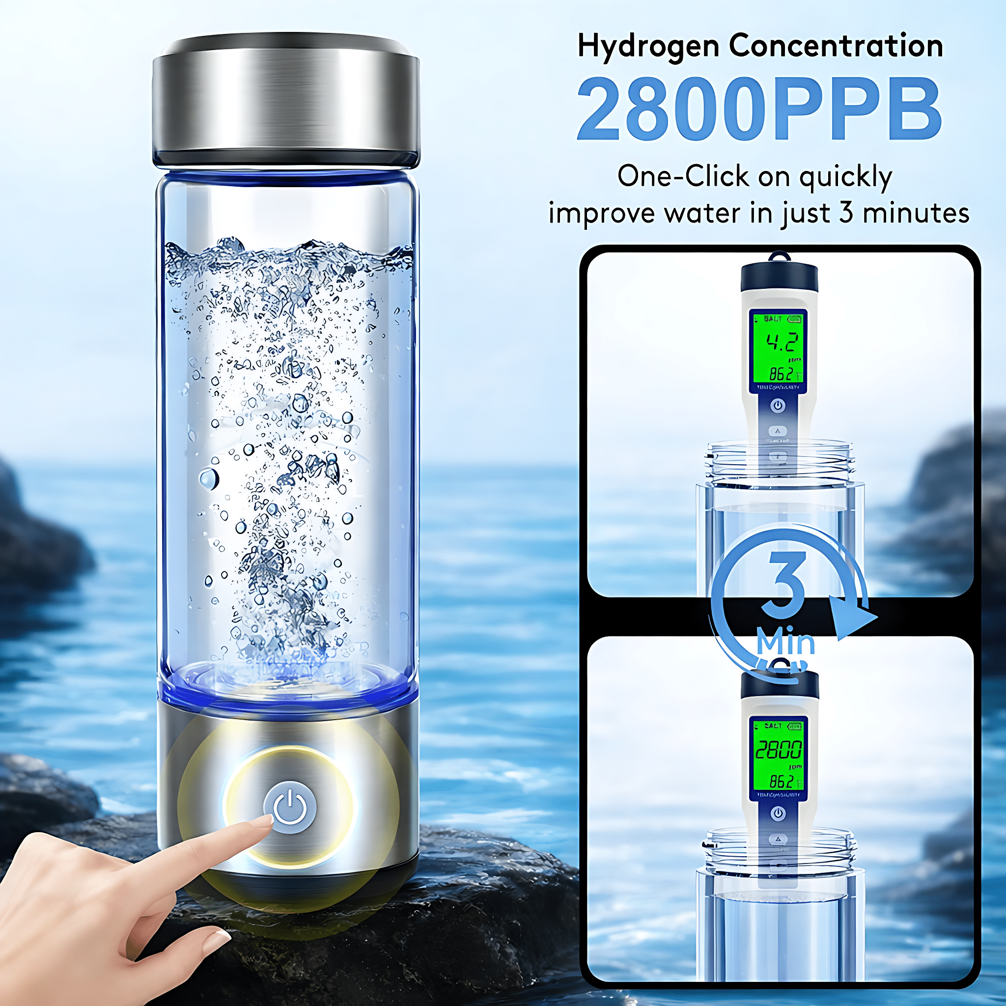 STARBIAO Hydrogen Water Bottle, 16 Oz Portable Rechargeable Hydrogen Water Generator, SPE & PEM Technology, 2800 PPB in 3 Minutes, Silver