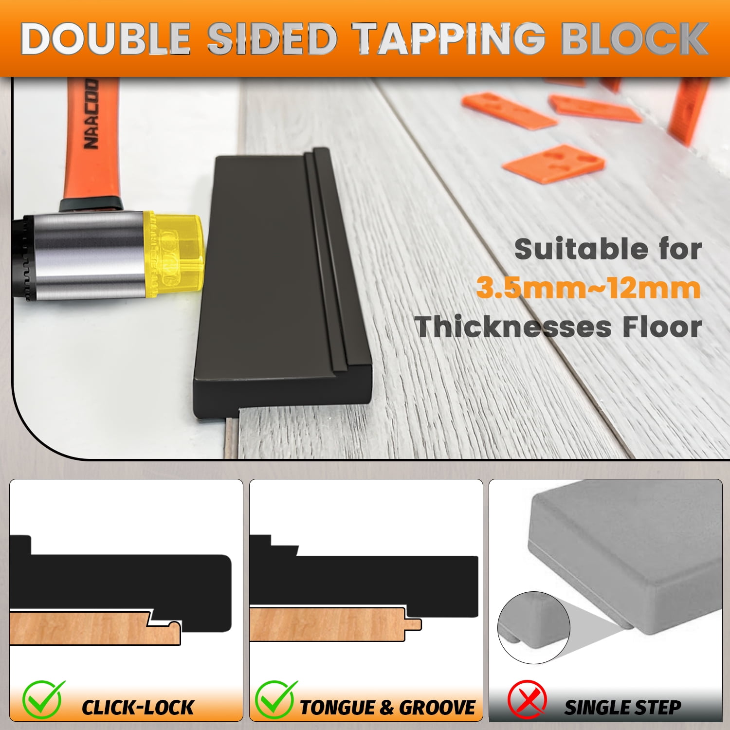 NAACOO Laminate  Flooring Tools, Tapping Block for Vinyl Plank Flooring - Double Sided with Notches, Pull Bar, 40Pcs Floor Spacers, Rubber Mallet. Universal Floor Installation kit