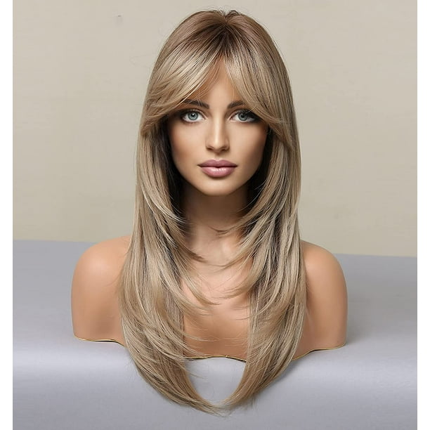 AmPm Sandy Blonde Wigs with Bangs Ombre Brown Hair Beach Blonde