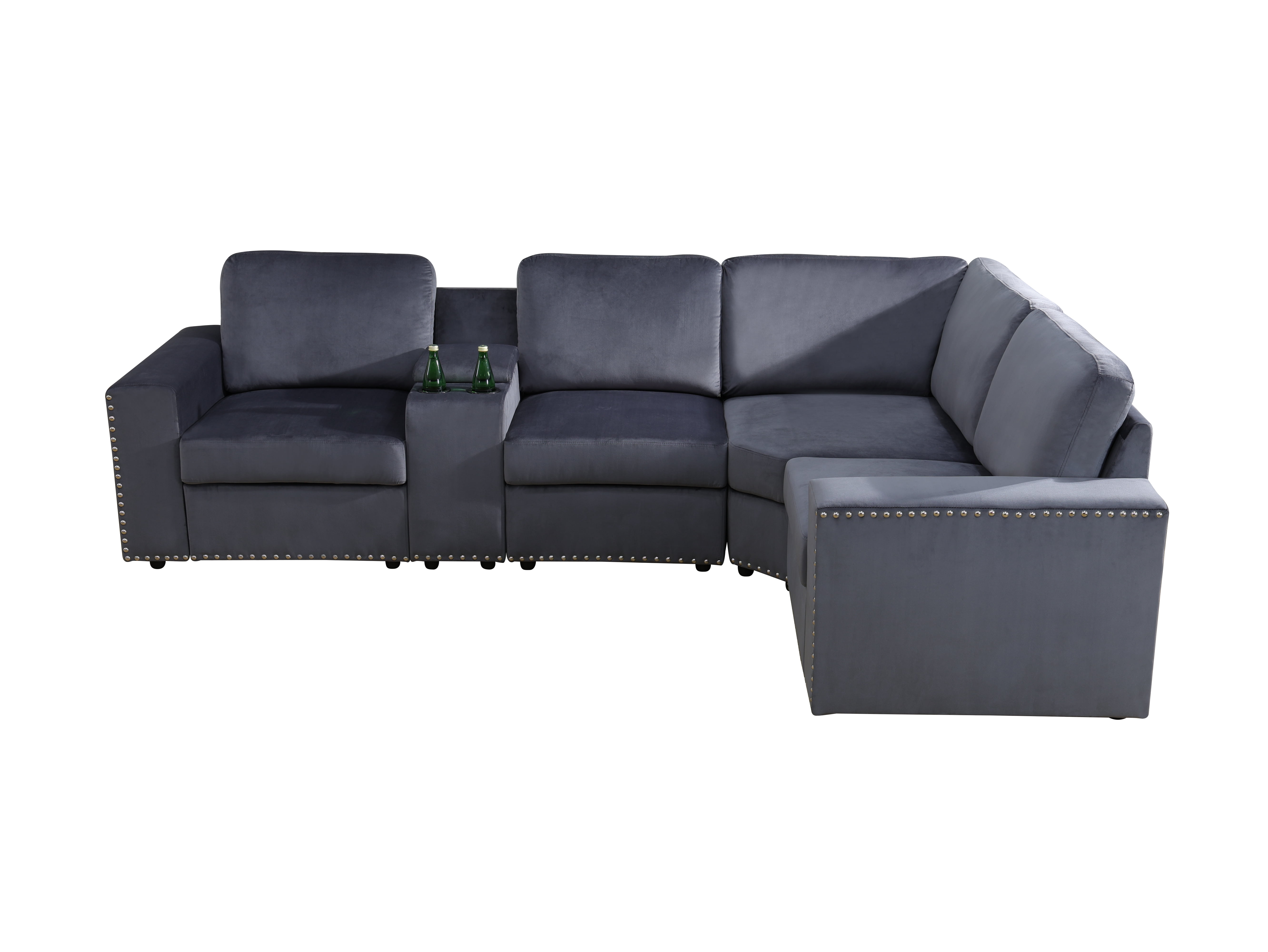 Gewnee 4-Seater Dark Grey Modular Sofa with Microfiber Fabric, Solid Wood Frame, Double Springs, Storage and Cup Holder for Living Room