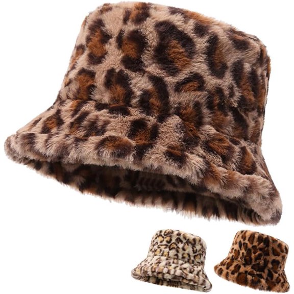 Leopard Print Faux Fur Bucket Hat for Women Cheetah Print Fluffy Furry Fisherman Cap Foldable Winter Warm Outdoor